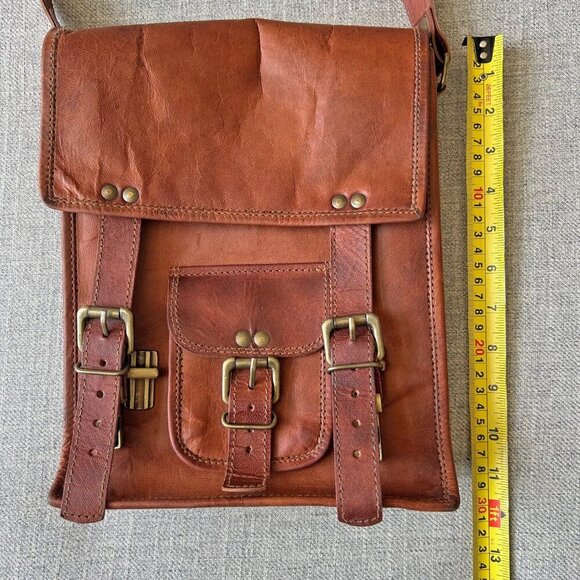 Vintage leather cross body messenger bag brass buckles Men's - Picture 14 of 16